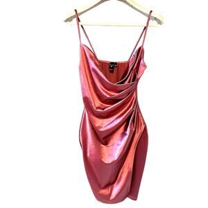 Windsor Pink Metallic Bodycon Dress | Size L | Cowl Neck | Stretch Party Mini